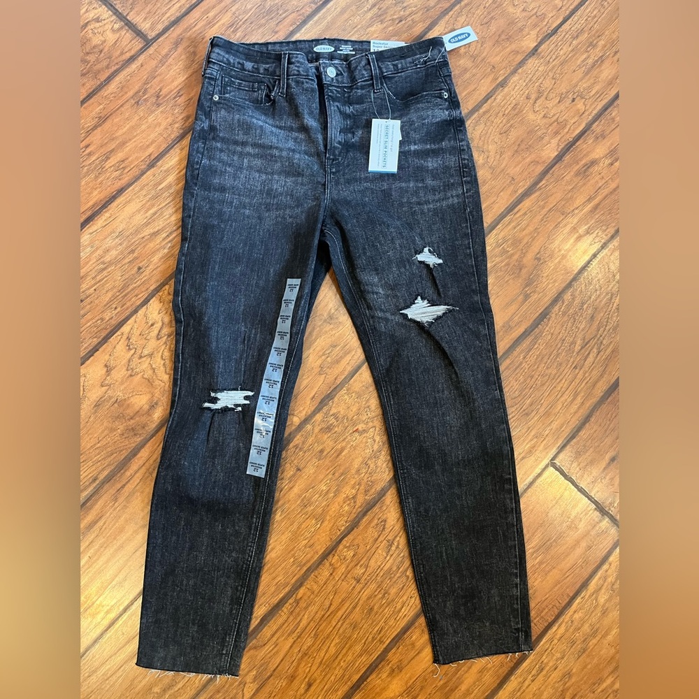 Old Navy Rockstar Super Skinny jeans womens 12 black High Rise stretch ankle